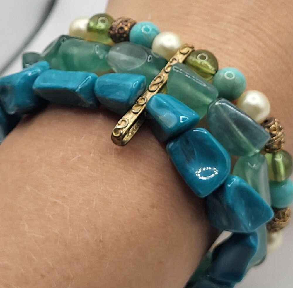 Boho Turquoise Bead Stack Bracelet MultiLayer Chunky Green Pearl Statement Faux